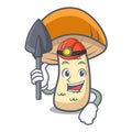 Miner orange cap boletus mushroom mascot cartoon