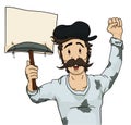 Miner protesting with fist raised and pickaxe tied on blank placard, Vector illustration