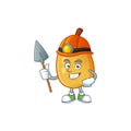 Miner ripe fragrant pear fruit cartoon character Royalty Free Stock Photo