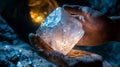 A miner's hands carefully hold a large, luminous quartz crystal discovered deep within a mine Royalty Free Stock Photo