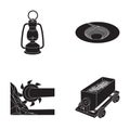 A miner`s lamp, a funnel, a mining combine, a trolley with ore.Mining industry set collection icons in black style