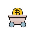 Miner trolley with bitcoin coin, blockchain, cryptocurrency flat color icon.