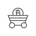 Miner trolley with bitcoin coin, blockchain, cryptocurrency line icon.