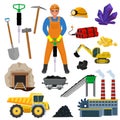 Miner vector mine worker builder character in helmet mining coal minerals in rocks tunnel with excavator or power shovel