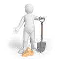 Miner on the white background with spade and a gold nugget. Royalty Free Stock Photo