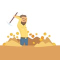 Miner working. workers with pickaxe smashing on golden stones and mining money coins. Vector character