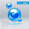 Mineral Ca Calcium blue shining pill capcule icon . Mineral Vitamin complex with Chemical formula . Shining cyan