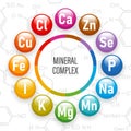 Mineral complex of healthy nutrition. Illustration of mineral icons on the background of chemical formulas. Royalty Free Stock Photo