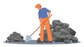 Mineral Exploration, Coal Mining Industry Concept, Male Character in Helmet and Working Robe Digging Soil Explore Fossil