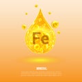 Mineral Fe. Ferrum. Mineral Vitamin complex. Golden drop and golden balls. Health concept. Fe Ferrum Royalty Free Stock Photo