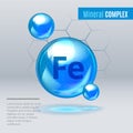 Mineral Fe Ferum blue shining pill capcule icon . Mineral Vitamin complex with Chemical formula . Shining cyan substance