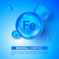 Mineral Fe Ferum blue shining pill capsule icon. Mineral Fe Ferum symbol. Mineral Vitamin complex with Chemical formula. Shining