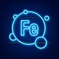 Mineral Fe Ferum blue shining pill capsule neon icon. Vector stock illustration.
