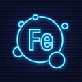 Mineral Fe Ferum blue shining pill capsule neon icon. Vector stock illustration.