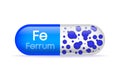 Mineral Fe Ferum blue shining pill capsule. Vector illustration