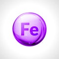 Mineral Ferrum shining pill capcule icon. Fe iron formula symbol. Vitamin ferrum complex nutrition substance