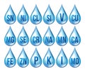 Mineral Icons Set Vector. Mineral Blue Drop Icon. Medicine Droplet. Substance. 3D Vitamin Complex With Chemical Formula