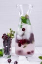 Mineral infused water with blackberry, ice, herb and mint leaves on white background, homemade detox soda
