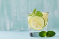 Mineral infused water with limes, lemons, ice and mint leaves on blue background, homemade detox soda water