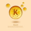 Mineral K. Potassium. Kalium. Mineral Vitamin complex. Golden balls. Health concept. K Potassium