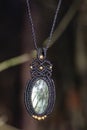 labradorite gemstone ornamental pendant on blury forest background