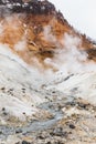 Mineral lake in Noboribetsu Jigokudani Hell Valley: The volcano valley got its name from the sulfuric smell. Royalty Free Stock Photo