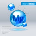 Mineral Mg Magnesium blue shining pill capcule icon . Mineral Vitamin complex with Chemical formula . Shining cyan