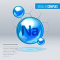 Mineral Na Natrium blue shining pill capcule icon . Mineral Vitamin complex with Chemical formula . Shining cyan