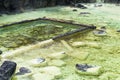 Mineral sediments of sulphur on floor of Yubatake onsen