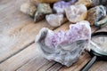 Mineral stones collection. Amethyst with agatein the foreground