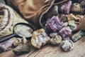 Mineral stones collection and kit of geologist - backpack, map, magnifying glass, rope.