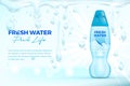 Mineral water ad with water drop elements, plastic bottle 3d illustration Royalty Free Stock Photo