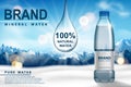 Mineral water ad, plastic bottle with pure mineral liquid on snow with mountain background. Transparent Drinking water Royalty Free Stock Photo