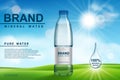 Mineral water ad, plastic bottle with pure mineral liquid on sunny background. Transparent Drinking water Bottle design