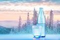 Mineral water bottle with glass on spectacular snow forest and mountains.