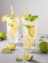 Mineral water  with fresh lemons. Refreshing drink  with lime, lemon, mint and ice in a tall glass on gray background. Summer cold Royalty Free Stock Photo