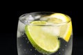 Mineral water in the glass with ice cubes, lime and lemon Royalty Free Stock Photo