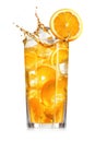 Mineral water in a glass with ice cubes and orange slice isolated as a free-standing image against a white background. Generative