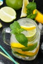 Mineral water with lemon, lime and mint. Detox. Diet. Refreshing drink Royalty Free Stock Photo