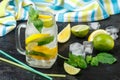 Mineral water with lemon, lime and mint. Detox. Diet. Refreshing drink Royalty Free Stock Photo