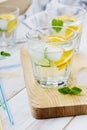 Mineral water with limes, oranges, lemons, ice and mint with straws