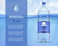 Mineral water. Plastic bottle with clean sparkling drinking liquid, bubbles and label brand advertising banner vector Royalty Free Stock Photo