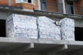 Mineral wool for insulated house. Package of thermal insulation material, rock wool is wrapped in plastic Royalty Free Stock Photo