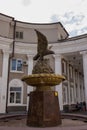 Mineralnye Vody, Russia. 09.10.2018. Station Mineralnye Vody , Northern Caucasus, building with pillars and statue of an eagle.