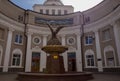 Mineralnye Vody, Russia. 09.10.2018. Station Mineralnye Vody , Northern Caucasus, building with pillars and statue of an eagle.