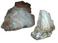 Minerals : Calcite crystals formed on chunks of rock in a white background.