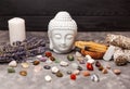 Minerals and crystals. Many kinds. Ceramic statuette of a Buddha head.