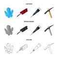 Minerals, explosives, jackhammer, pickaxe.Mining industry set collection icons in cartoon,outline,monochrome style