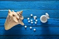 Minerals for health and beauty. Tablets of calcium, shell on a blue wooden table. Top view. Medical concept. Royalty Free Stock Photo
