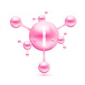 Minerals Iodine in the form of atoms molecules pink glossy. Icon 3D isolated on white background. Minerals vitamins complex.